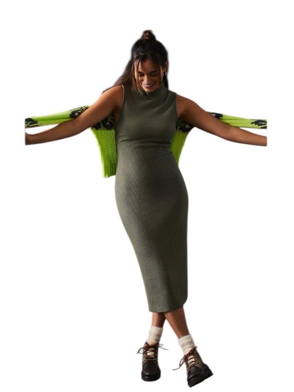 STATESIDE ANTHROPOLOGIE Luxe
Thermal Turtleneck Sweater Dress Olive Green Size S
